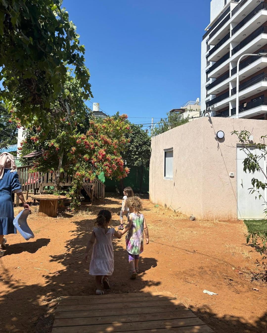 ילדות הולכות יד ביד בשביל החצר עם הגננת ועץ פורח באדום